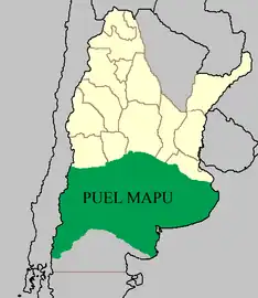 Carte du Puelmapu (es) au XIXe siècle, sur le territoire de l'actuelle Argentine. En jaune sont dessinées les frontières des 14 provinces originelles du pays, mais sans correspondance exacte avec les limites actuelles.