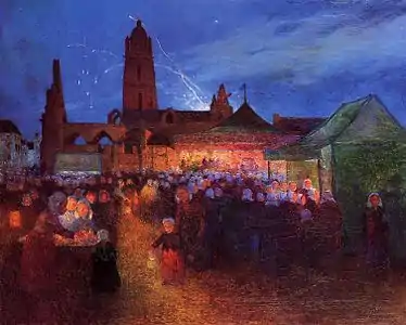 Tableau montrant une fête sur une place de village, avec une église et un feu d’artifice en arrière plan.