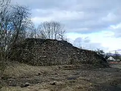 Un morceau de mur de pierre entre un terrain vague et un terrain en friche.