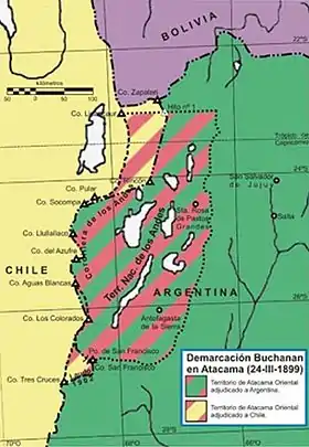 Carte de la Puna de Atacama (hachuré en rouge) partagée entre le Chili (en jaune) et l'Argentine (en vert), au sud de la Bolivie (en violet).