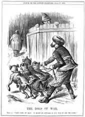 Gravure en noir et blanc : un homme barbu en chapka tient en laisse quatre chiens ; un bobby le regarde par-dessus une palissade.