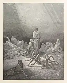 Au premier cercle du Purgatoire, Dante et Virgile devant Arachné. Illustration de Gustave Doré pour la Divine Comédie, 1868.