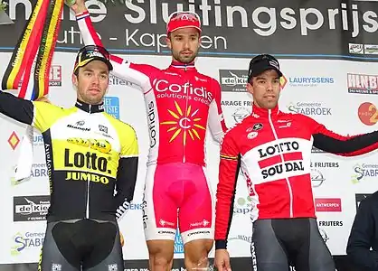 Podium de l'édition 2015 du Prix national de clôture : Tom Van Asbroeck (2e), Nacer Bouhanni (1er et vainqueur de l'UCI Europe Tour 2015 grâce à cette course) et Jens Debusschere (3e).
