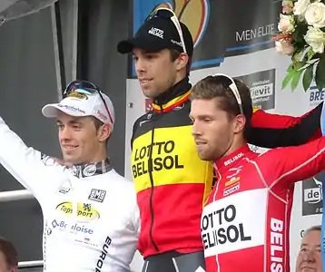 Podium de l'édition 2014 du Prix national de clôture : Tom Van Asbroeck (2e), Jens Debusschere (1er) et Jonas Van Genechten (3e).