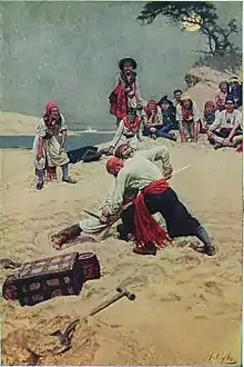 Dessin de deux pirates s'affrontant sur une plage à proximité d'un coffre de bois, Howard Pyle.