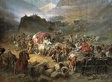 Abandon des villages circassiens à l’approche des troupes russes, Pyotr Nikolaevich Gruzinsky, 1872.