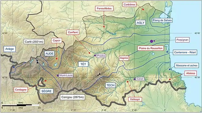 Réseau hydrographies dans les Pyrénées-Orientales.