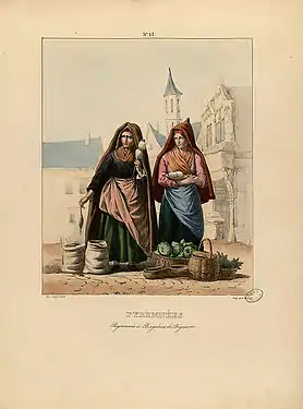 Lithographies de Pingret : paysannes de Bagnères de Bigorre, portant le capulet.