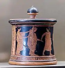 vase avec couvercle, figures rouges sur fond noir, un homme tient une femme par la main et marche vers la droite.