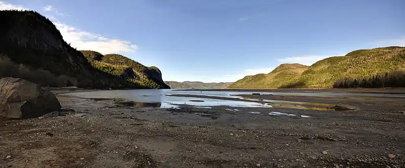 Baie Éternité vue depuis Rivière-Éternité. À l'horizon, le fjord du Saguenay. À gauche, le cap Trinité; à droite, le cap Éternité.