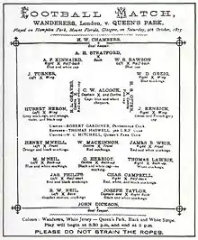 Programme d'un match entre les Wanderers et le club écossais du Queen's Park FC.