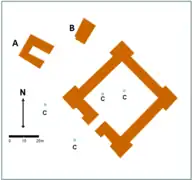 Plan masse du fortin et des batiments A et B voisins.C = citerne.