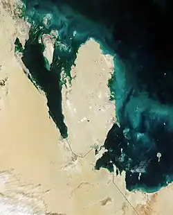 Image satellite du golfe de Bahreïn avec Bahreïn dans le centre gauche bordé par l'Arabie saoudite à l'ouest et au sud, le Qatar au centre et ouvert sur le golfe Persique en direction du nord.