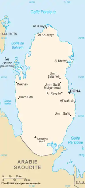 Carte du Qatar avec au sud la frontière avec l'Arabie saoudite