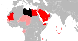 Carte de l'Afrique, de la péninsule arabique et de l'océan Indien mettant en relief l'évolution des relations diplomatiques avec le Qatar conséquemment à la crise.
