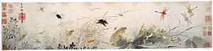 En automne au bord de l'étang, attribué à Qian Xuan (1235- après 1301), dynastie Yuan. Rouleau horizontal, encre et couleurs sur papier 26.7 × 120,7 cm, Detroit Institute of Arts, Détroit, États-Unis