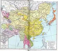 L'Extrême-Orient vers 1760, carte de 1935 montrant la division de l'île entre l'empire Qing et le Japon.