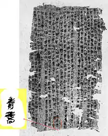 Photographie montrant une page d'un manuscrit écrit en caractères chinois. La page est très abîmée et est parsemée de trous de diverses tailles en bordure et au centre.