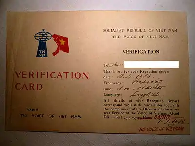 Carte QSL de la Voix du Vietnam, station de radiodiffusion internationale.