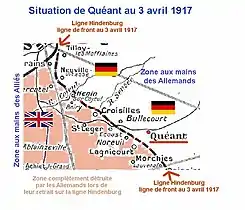 En avril 1917, Quéant reste en zone allemande à seulement 1 km  de la Ligne Hindenburg.