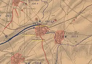 La carte des régions dévastées montre que le village, la ferme de l'abbaye et la gare sont complètement détruits.