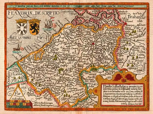 Carte du Comté de Flandres par Matthias Quad (cartographe) et Johann Bussemacher (graveur et imprimeur), 1609.