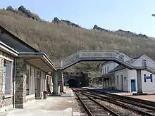 Le bâtiment voyageurs, la passerelle, les voies et quais, avec en arrière-plan, les roches des Quatre Fils Aymon et l'entrée du tunnel de Château-Regnault