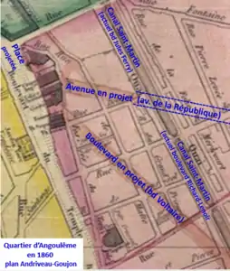 Le quartier en 1860 avec les projets de percements de nouvelles voies.