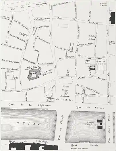 La rue du Chevalier-du-Guet en 1836, servant d'accès à la mairie et justice de paix.