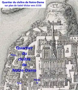 Quartier du cloître de Notre-Dame sur plan de Saint-Victor vers 1550.