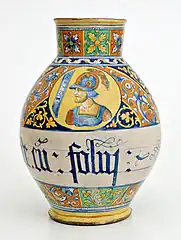 Vase à décor « quartieri », centré d'un médaillon au buste d'Agramante au-dessus du registre pharmaceutique, Faenza, vers 1550.