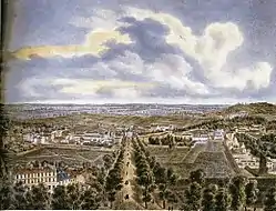 Vue panoramique prise de la place de l'Étoile au début du XIXe siècle avec, au centre, la future « avenue de Wagram » et, dans le fond à droite, Montmartre.