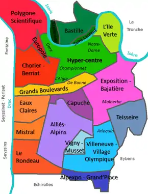 Illustration représentant le plan des quartiers de Grenoble.