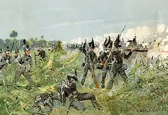 Les Troupes du Brunswick durant la bataille des Quatre-Bras (lithographie de R. Knötel).
