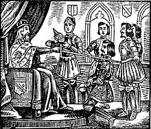 Gravure en noir et blanc montrant à gauche un souverain sur son trône, adoubant un chevalier en génuflexion, quatre autres chevaliers entourant ce dernier, celui au centre tenant son casque
