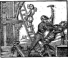 Gravure montrant un homme en armure tué par un autre, sous le regard d'un ouvrier dans un chantier de construction d'un édifice