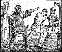 Gravure en noir et blanc montrant un homme les mains entravées par une corde dans le dos, entre deux militaires dont l'un montre le gibet, et l'autre tient la corde