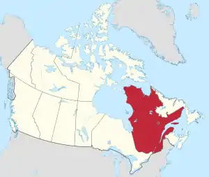 Carte administrative du Canada, montrant le Québec en rouge.