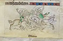 dessin à la plume coloré d'un combat entre 2 rois et 6 autres chevaliers.