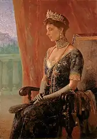 Tableau représentant une femme avec un diadème, assise de profil.