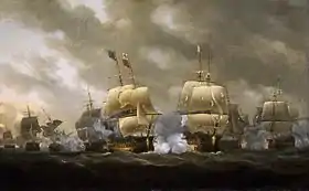 Le Soleil Royal, à droite, combattant le HMS Royal George. Une peinture tardive (1812) et imaginaire du vaisseau qui est présenté sous la forme d’un trois-ponts à 100 canons alors qu’il n’en avait que deux avec 80 canons. (Nicholas Pocock)