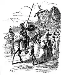 Noir et blanc, Don Quichotte à cheval, casque plat, lance avec oriflamme pointé vers le ciel