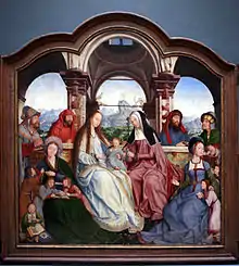 Peinture représentant un groupe d'hommes et de femmes dont deux sont assises au centre de la composition avec, entre elles, un bébé.