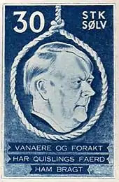 Un timbre représentant la tête de Quisling entourée d'un nœud coulant.