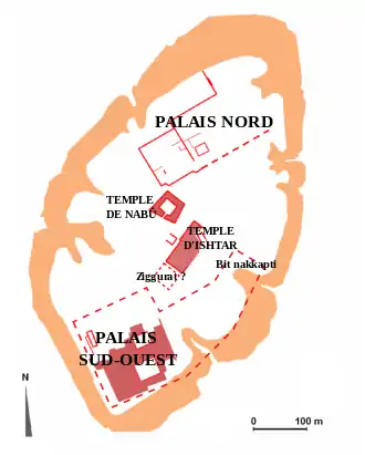 Plan de localisation des zones fouillées des bâtiments principaux du tell de Quyunjik, le centre politico-religieux de Ninive (une grande partie des palais n'a pas été dégagée).