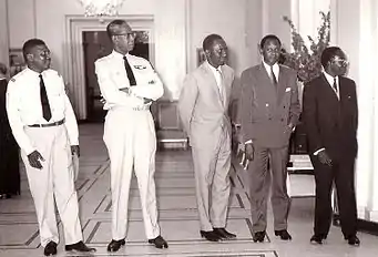 Réception au Palais de la République du Sénégal (1960) - x, Général Amadou Fall, Valdiodio N'diaye, Mamadou Dia, Léopold Sédar Senghor