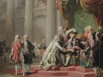 Réception par le comte de Provence d'un chevalier des ordres réunis de Saint-Lazare et de Notre-Dame du Mont-Carmel, huile sur toile, Musée de la Légion d'honneur