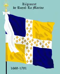 Grande croix blanche semée de fleurs de lys d'or. Elle partage en quatre le drapeau. Deux carrés sont bleus (en haut à gauche et en bas à droite), les deux autres sont d'un jaune légèrement orangé, dit « aurore ».