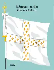 Drapeau blanc. Grande croix blanche semée de fleurs de lys d'or.