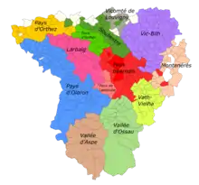 Détail d'une carte indiquant les différentes régions historiques du Béarn.